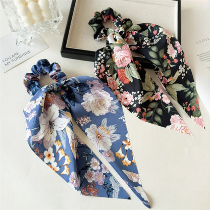 Flower Bow Satin Hair Ribbon Scrunchies – Vintage Ponytail Hairbands for Women