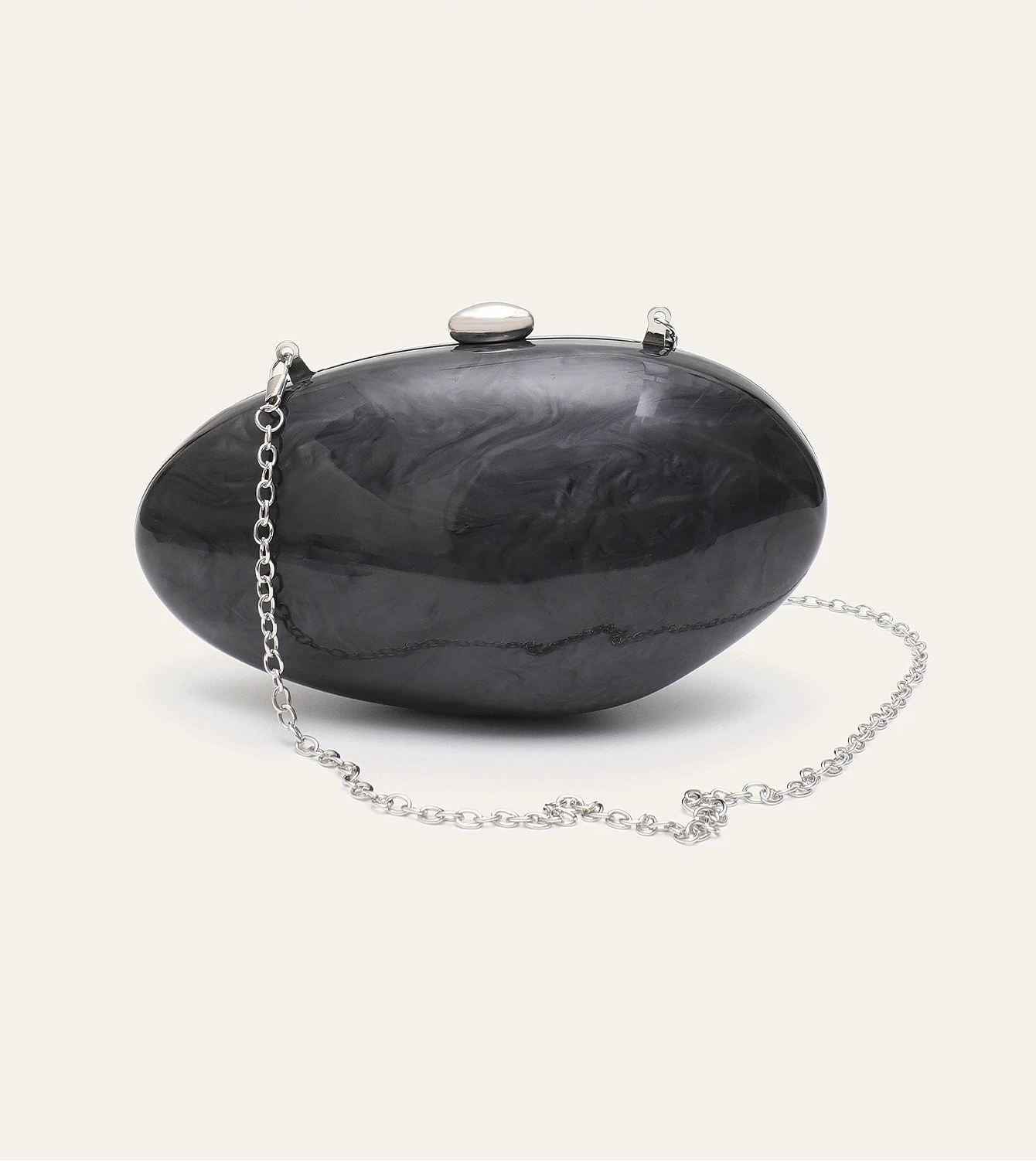 Edenista shell-shaped acrylic clutch with silver chain, solid black evening bag
