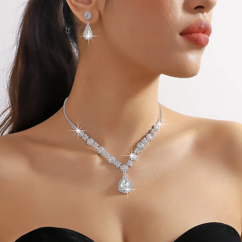 3 pieces of women's crystal droplet necklace with earrings set by edenista