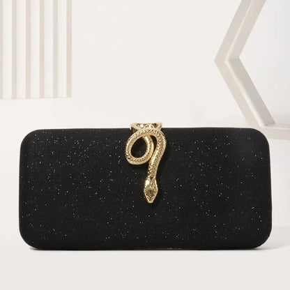 Classic snake buckle evening purse by Edenista, black glitter square clutch with gold snake clasp