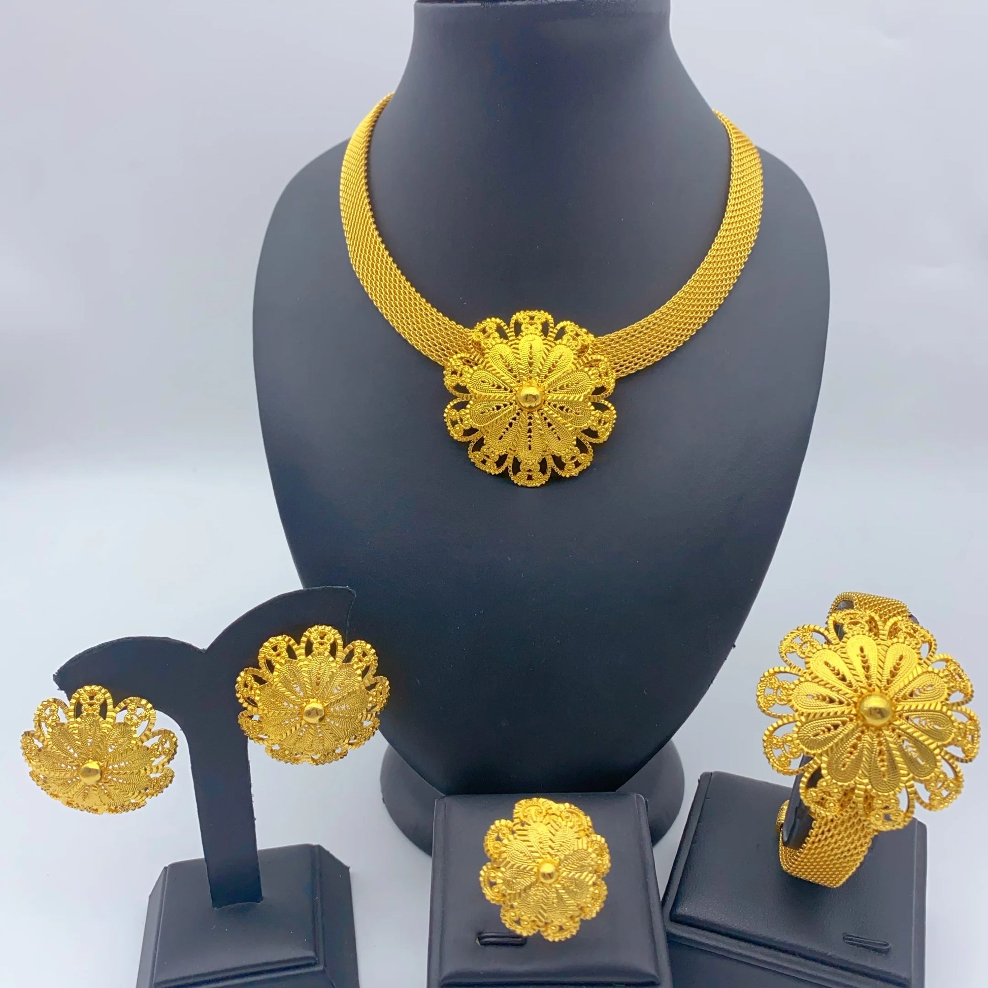 Jewelry Set For Women Indian African Dubai Flower Necklace Earring Nigerian 24K Gold Plated by edenista