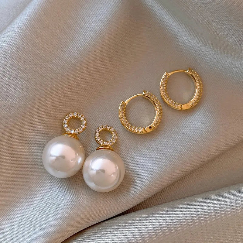Gold Plated Imitation Pearl & Zircon Drop Earrings
