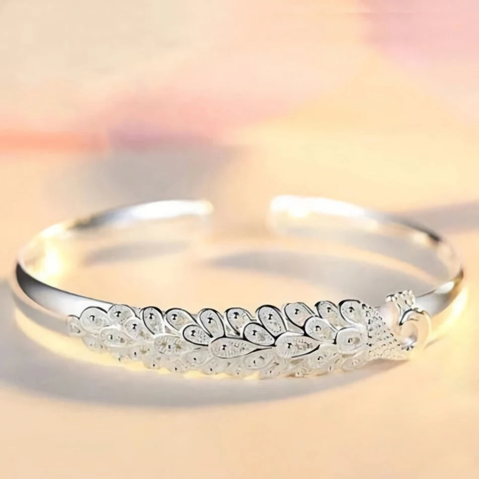 925 Sterling Silver Peacock Bangle Bracelet for Women