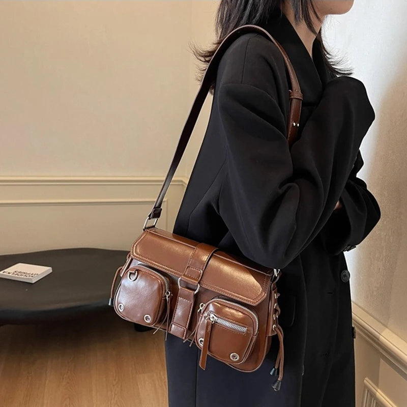 Multi-Pocket Rivet Shoulder Bag for Women – PU Leather