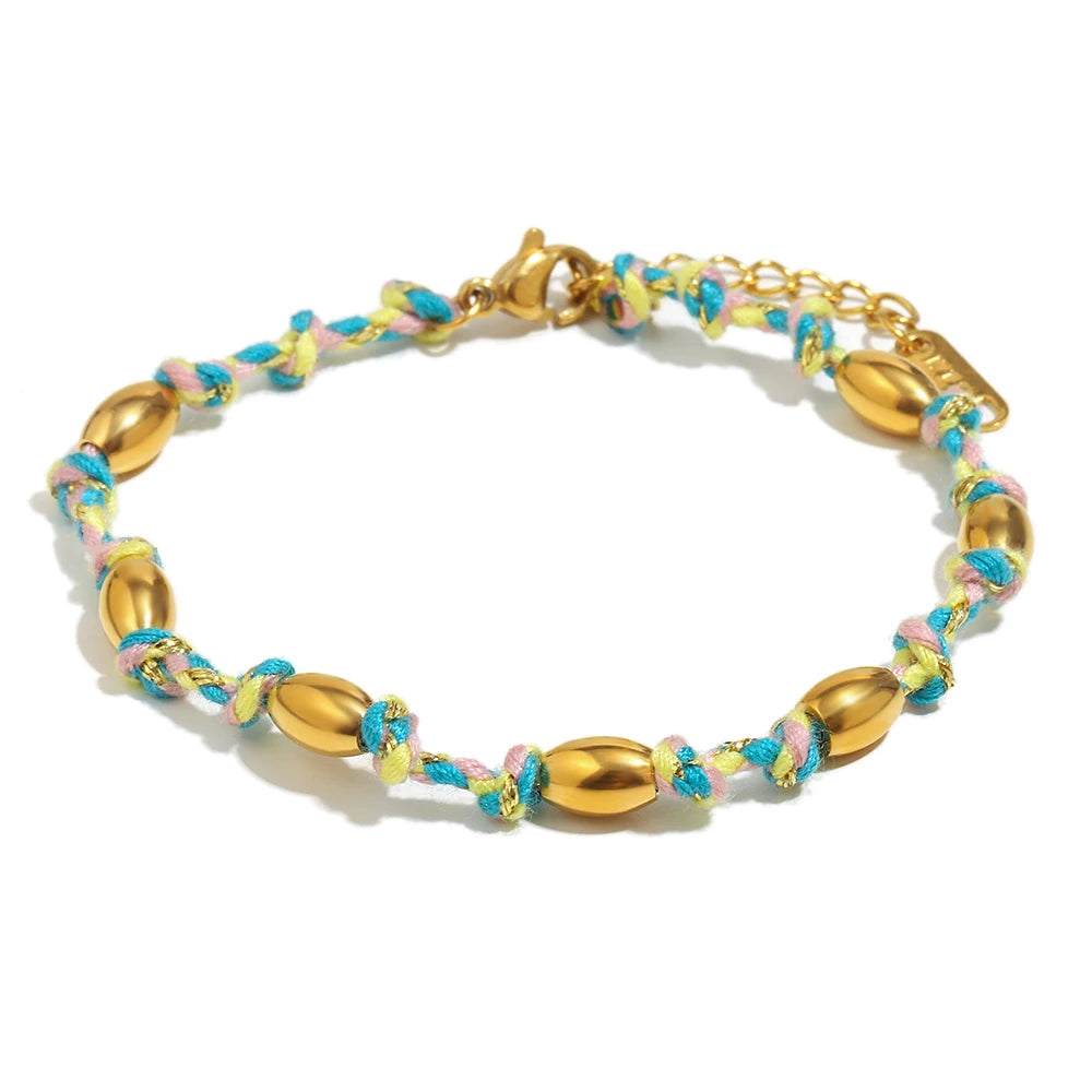 Mixed Colour Rope & Beads Bracelet – 18K Gold Plated