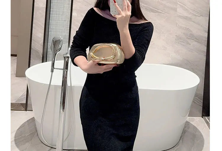 Gold metal-closure box clutch bag for women, evening wedding party purse