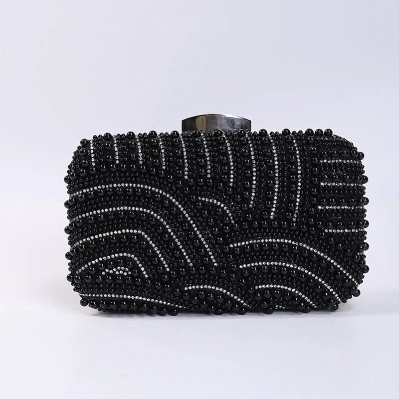 Edenista black beaded evening clutch bag with long chain