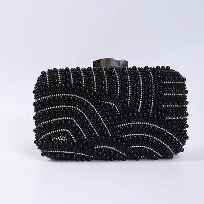 Edenista black beaded evening clutch bag with long chain