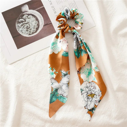 Flower Bow Satin Hair Ribbon Scrunchies – Vintage Ponytail Hairbands for Women