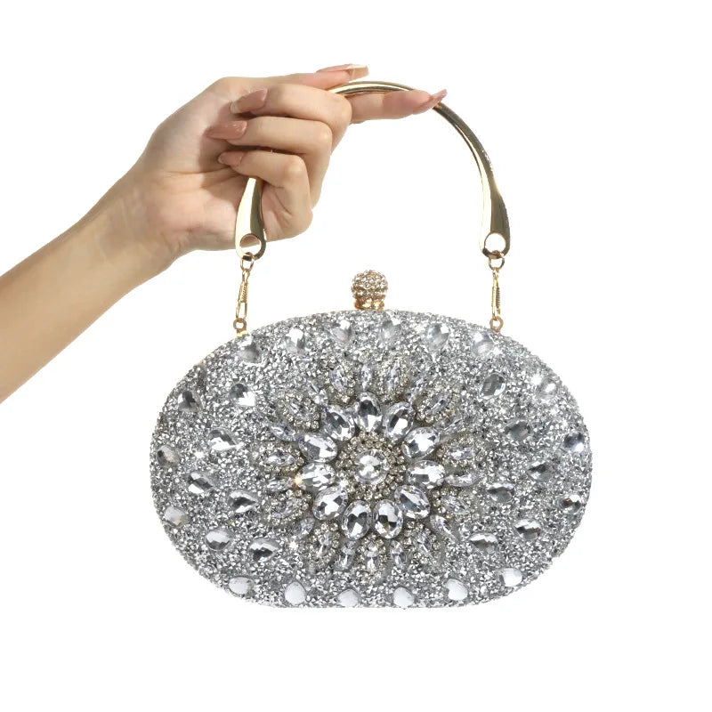 Edenista luxury crystal evening clutch bag with silver rhinestones and gold chain handle