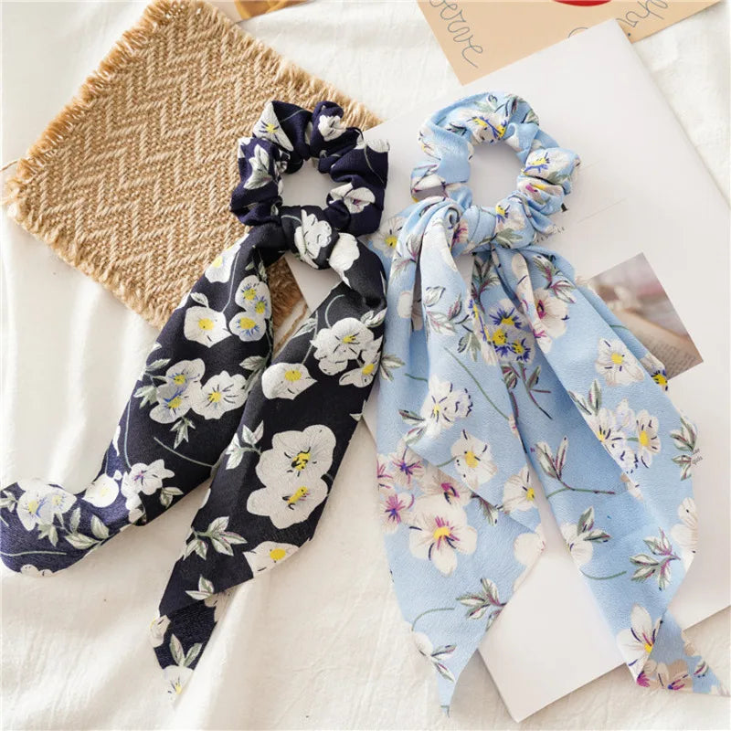 Flower Bow Satin Hair Ribbon Scrunchies – Vintage Ponytail Hairbands for Women