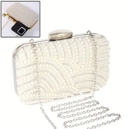 Pearl beaded evening clutch by Edenista with long chain in ivory color