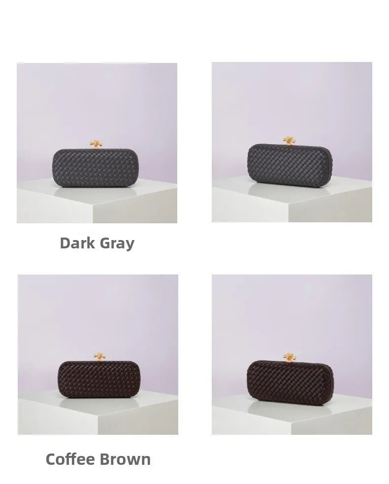 Crossbody PU woven evening bag with gold clasp, shown in dark gray and coffee brown in four views