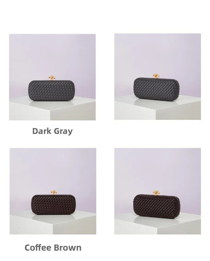 Crossbody PU woven evening bag with gold clasp, shown in dark gray and coffee brown in four views
