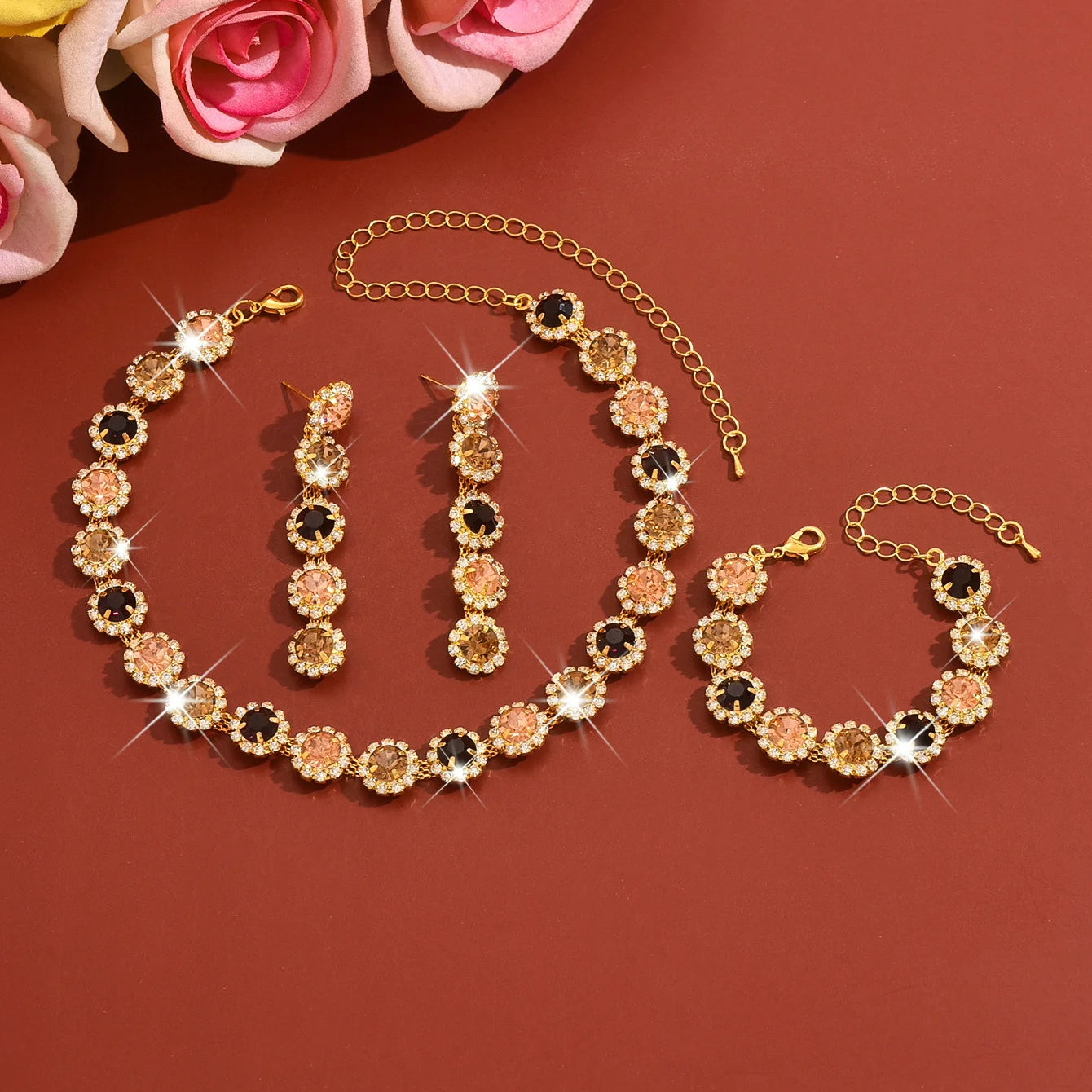 Jewelry set Crystal zirconium flower necklace earrings and bracelet by edenista