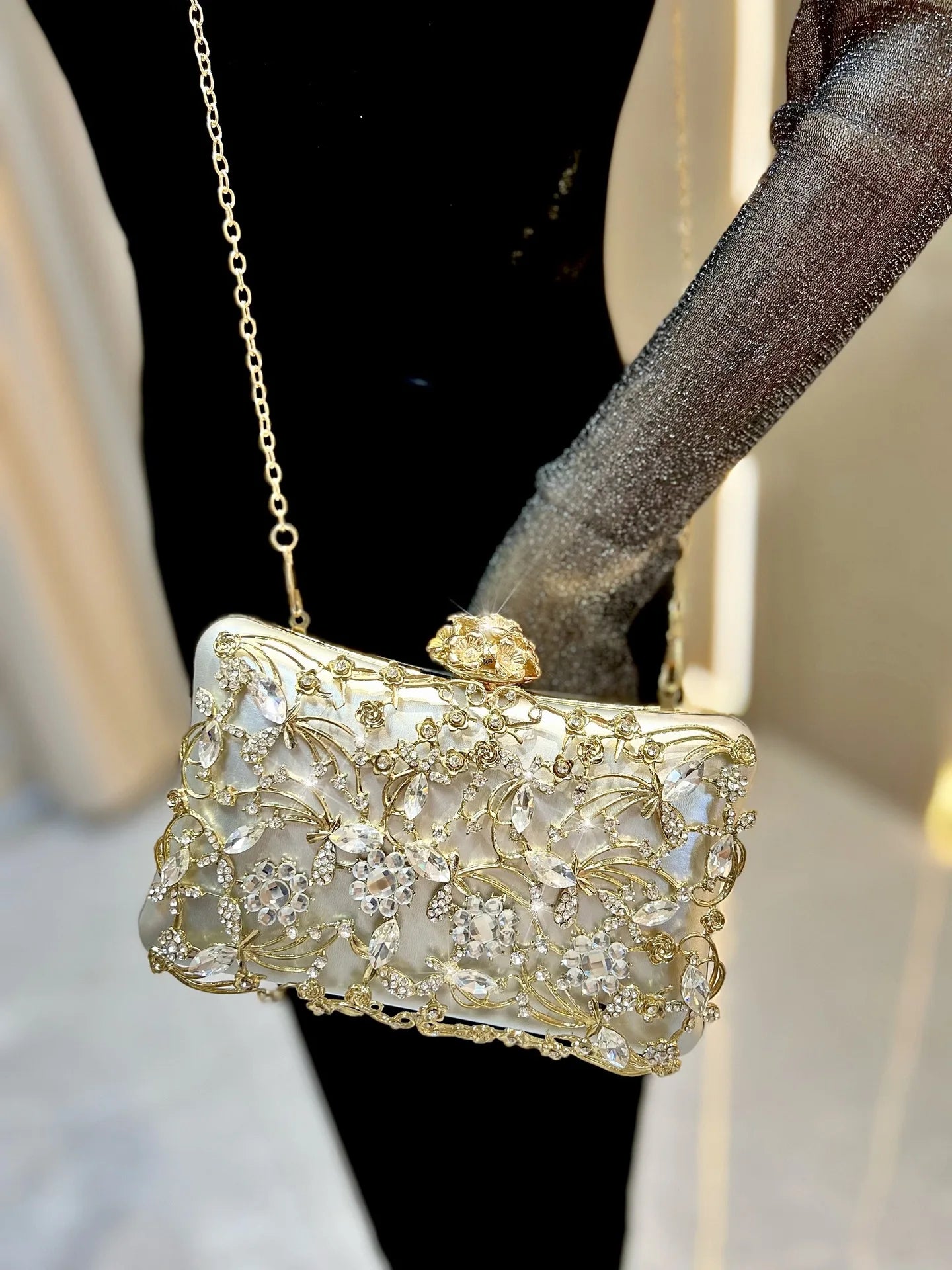 Edenista New Light Luxury Diamond Banquet Bag in ivory satin with crystal floral embroidery and gold chain strap
