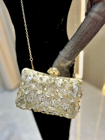 Edenista New Light Luxury Diamond Banquet Bag in ivory satin with crystal floral embroidery and gold chain strap