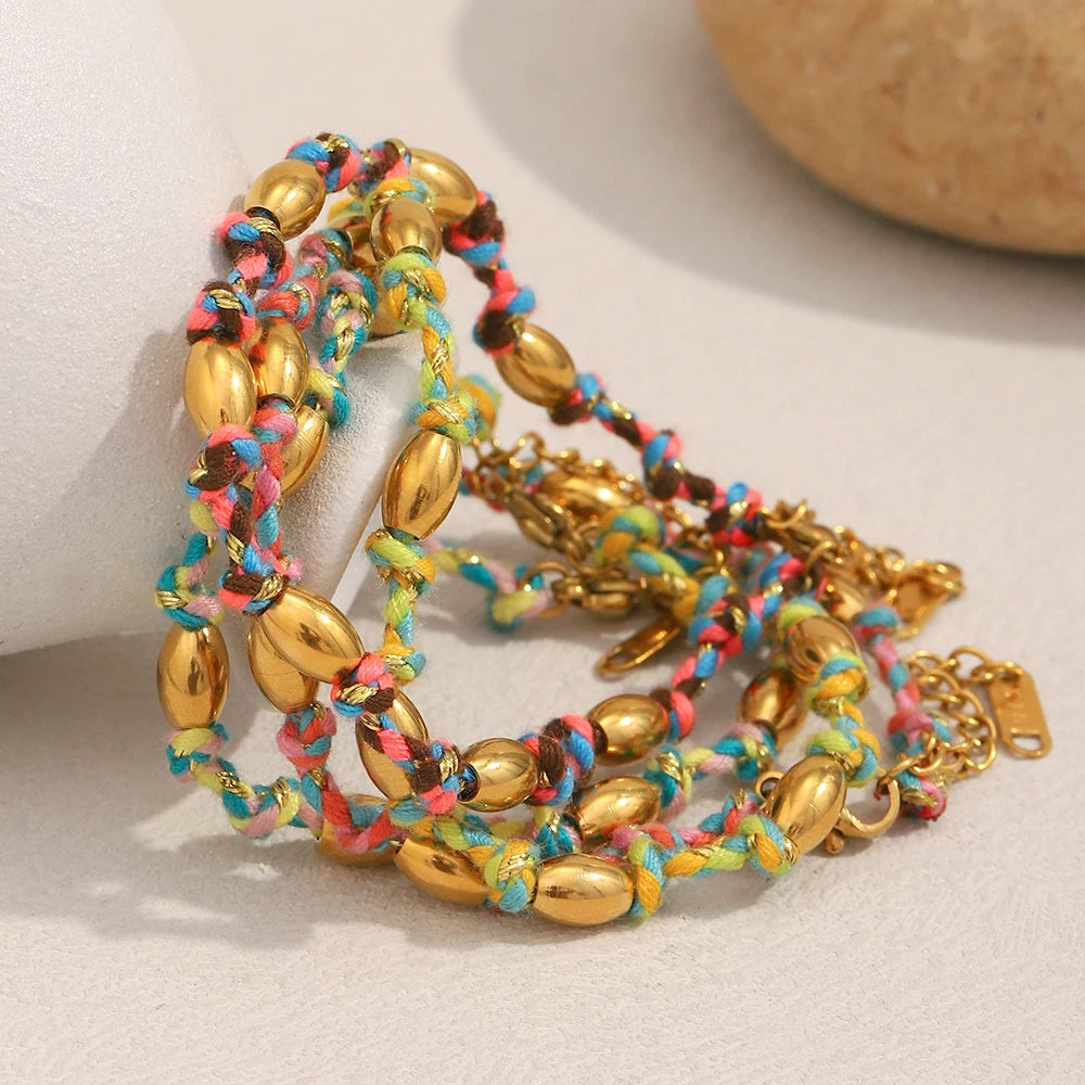 Mixed Colour Rope & Beads Bracelet – 18K Gold Plated