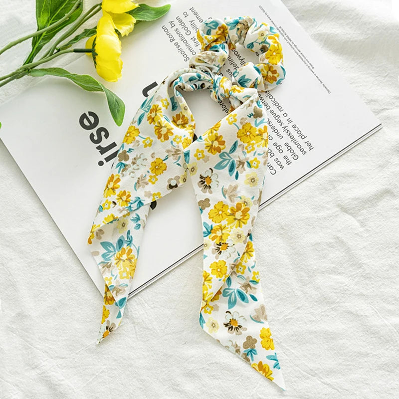 Flower Bow Satin Hair Ribbon Scrunchies – Vintage Ponytail Hairbands for Women