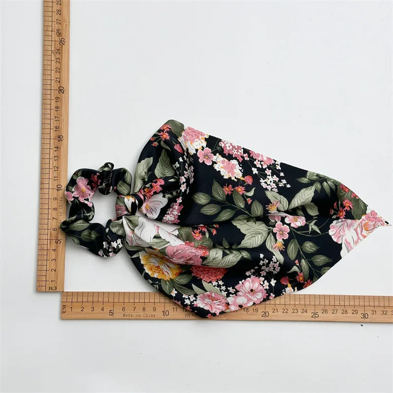 Flower Bow Satin Hair Ribbon Scrunchies – Vintage Ponytail Hairbands for Women