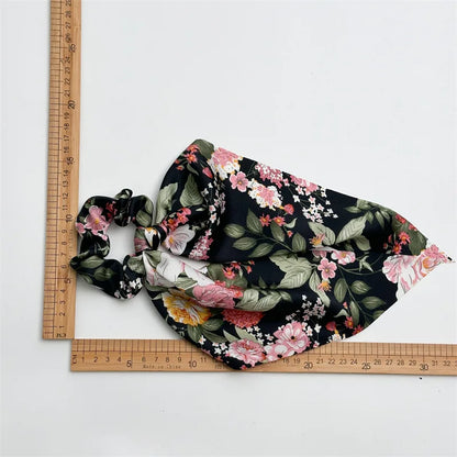 Flower Bow Satin Hair Ribbon Scrunchies – Vintage Ponytail Hairbands for Women