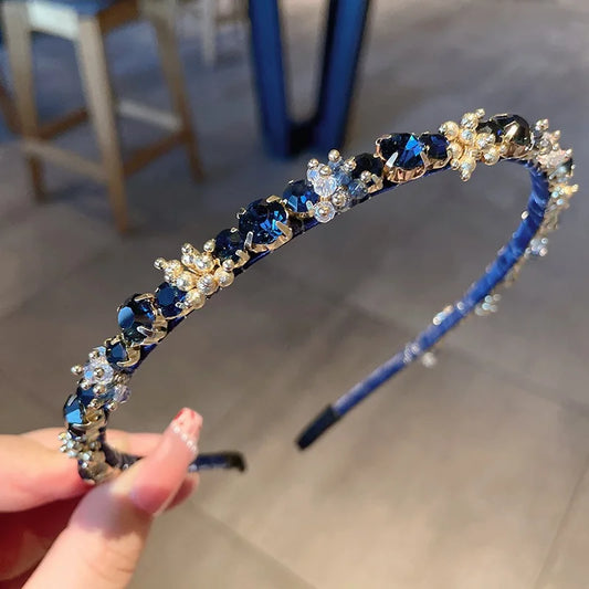 Edenista blue rhinestone headband for women, Korean fashion hair accessory with crystal accents