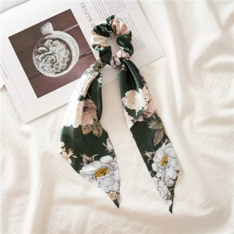 Flower Bow Satin Hair Ribbon Scrunchies – Vintage Ponytail Hairbands for Women