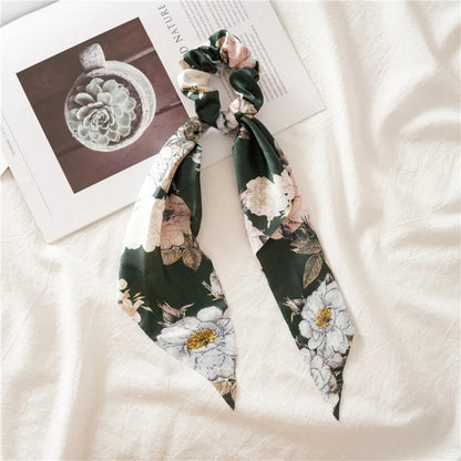Flower Bow Satin Hair Ribbon Scrunchies – Vintage Ponytail Hairbands for Women