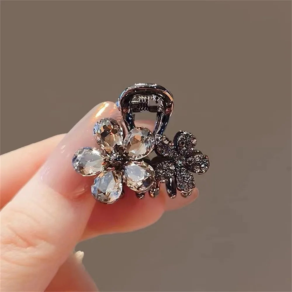 Double Flower Crystal Hair Claw Clip – Rhinestone Metal Barrette for Women