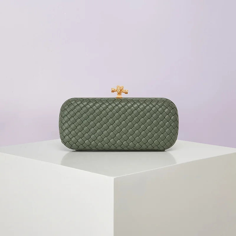 Box-style woven PU evening bag in olive green with gold-tone clasp