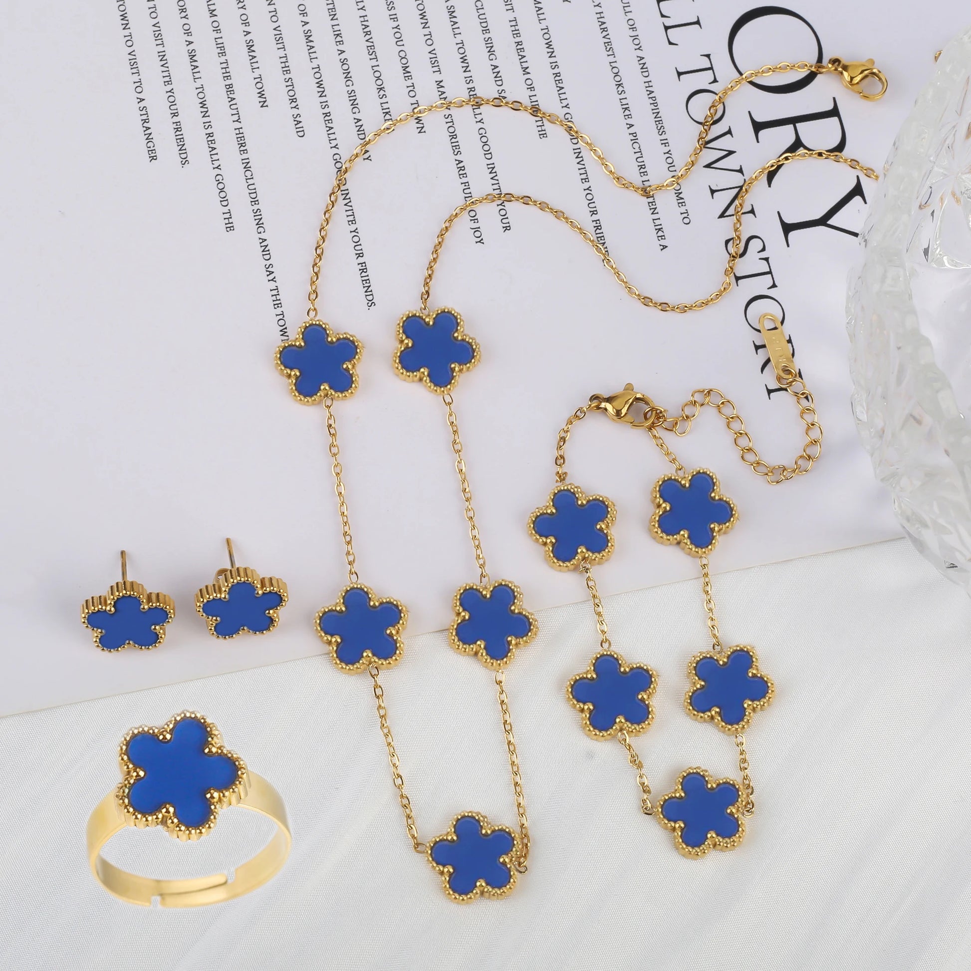 Stainless Steel Five Leaf Flower Jewelry Set