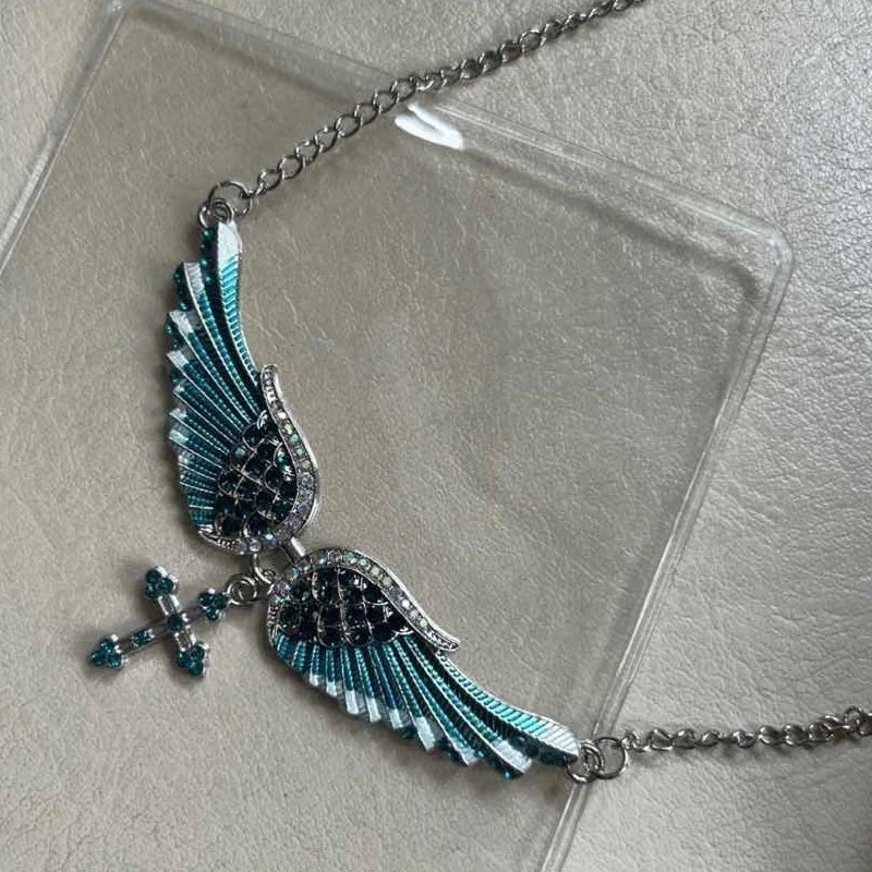 Angel Wings Cross Pendant Necklace – Crystal Rhinestone