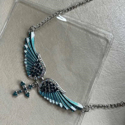 Angel Wings Cross Pendant Necklace – Crystal Rhinestone