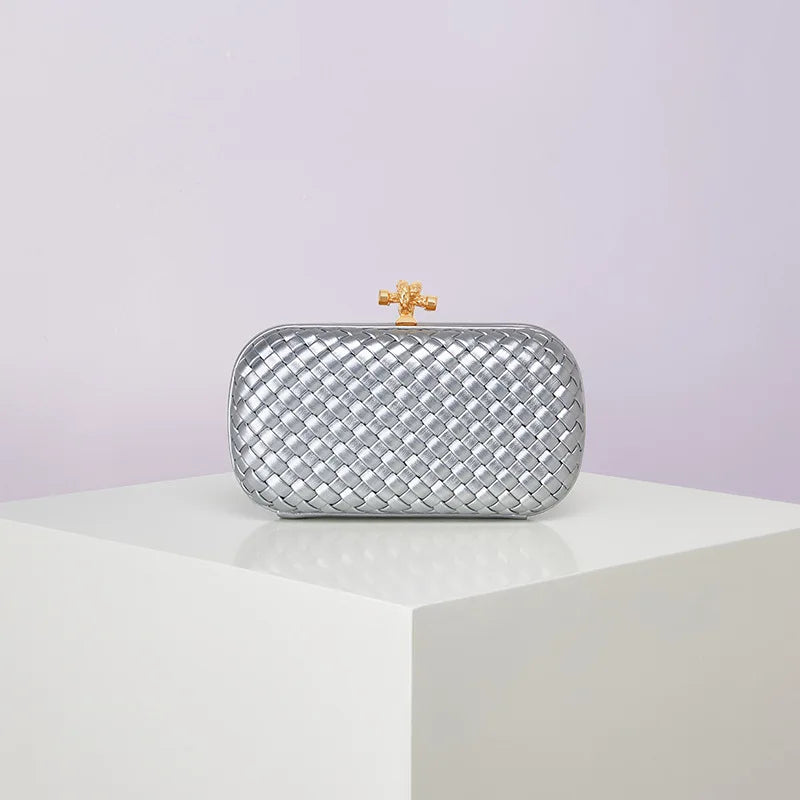 Edenista silver woven PU box evening clutch with gold-tone clasp