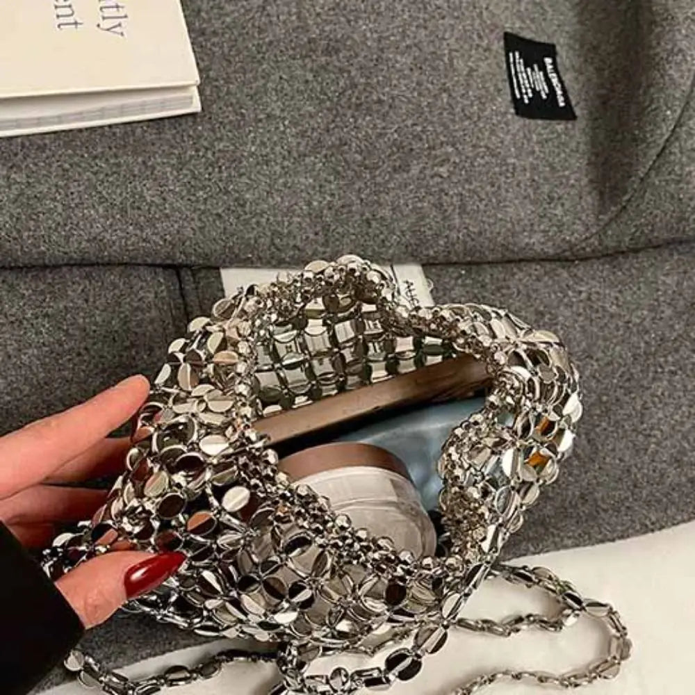 Elegant sequin evening bag, silver with circular disc embellishments and chain strap