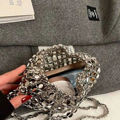 Elegant sequin evening bag, silver with circular disc embellishments and chain strap