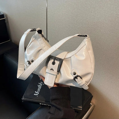 Hobo handbag in white faux-leather with buckle straps and top handles