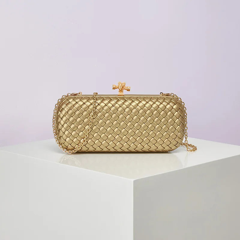 Edenista gold PU woven crossbody evening bag with chain strap