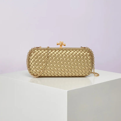 Edenista gold PU woven crossbody evening bag with chain strap