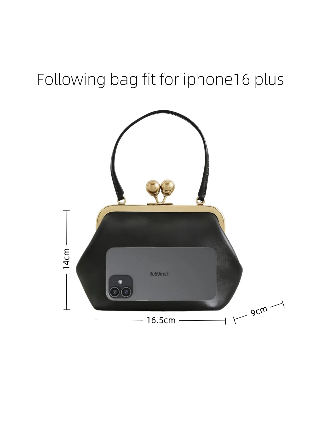 Edenista women's small kiss-lock top-handle clutch in black microfibre leather with gold frame clasp