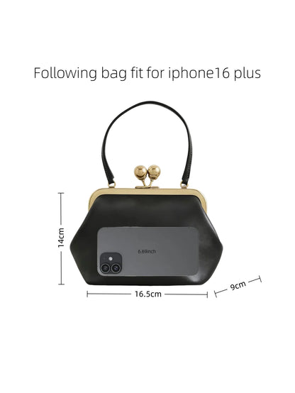 Edenista small black microfibre leather kiss-lock top-handle clutch with gold frame