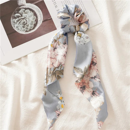 Flower Bow Satin Hair Ribbon Scrunchies – Vintage Ponytail Hairbands for Women