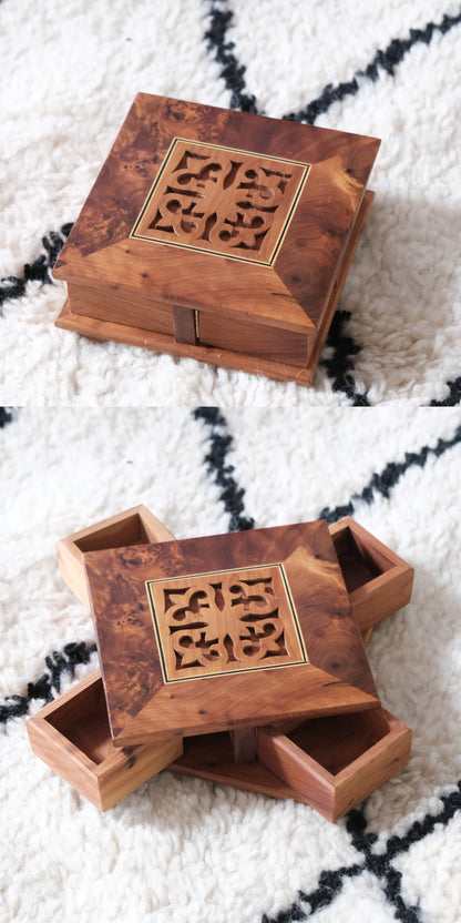 Moroccan handmade rotating wooden jewelry box by edenista with a carved square lid