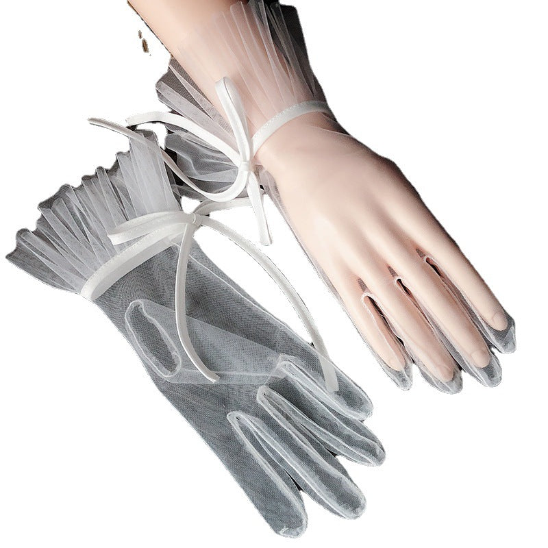 Korean style short bridal gloves, gray sheer fabric with white ribbon ties, CJ brand