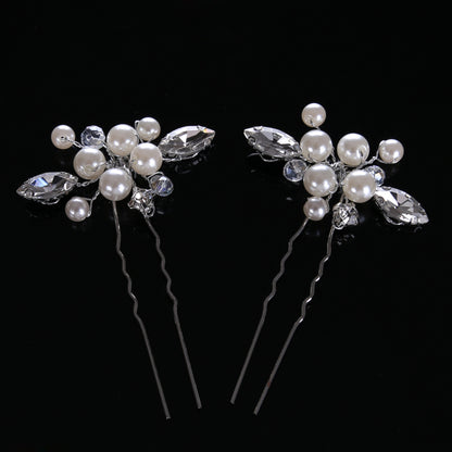 Headdress Pearl Hairpins 4-piece wedding ornament set with white pearls and clear crystals on silver wires