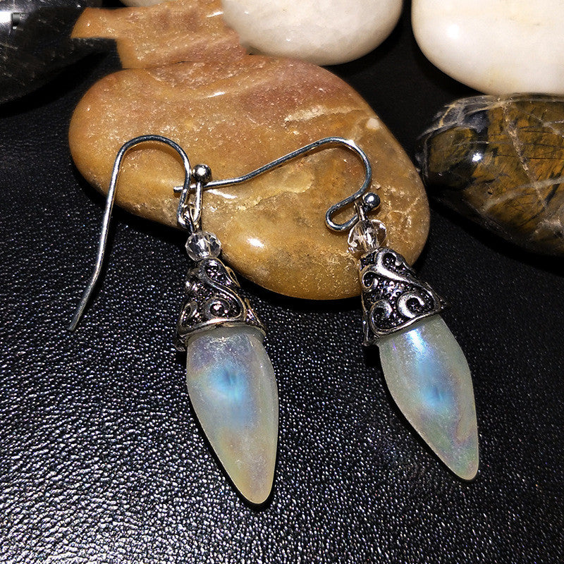 Color Crystal Diamond Earrings, opalescent blue teardrop drops with ornate silver filigree caps (pair)