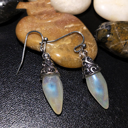 Color Crystal Diamond Earrings, opalescent blue teardrop drops with ornate silver filigree caps (pair)