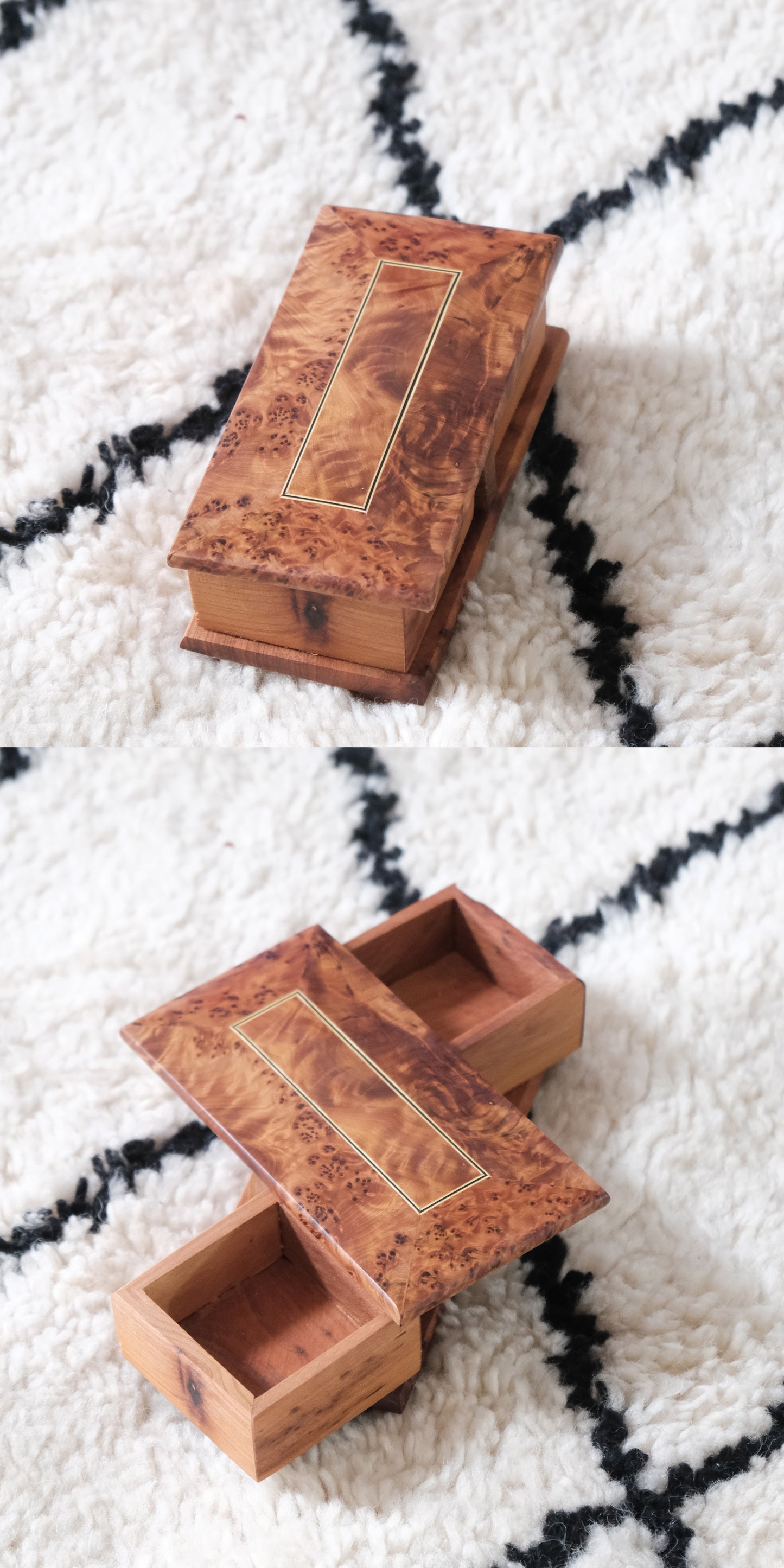 Moroccan handmade rotating wooden jewelry box with burl wood finish and gold rectangular inlay.