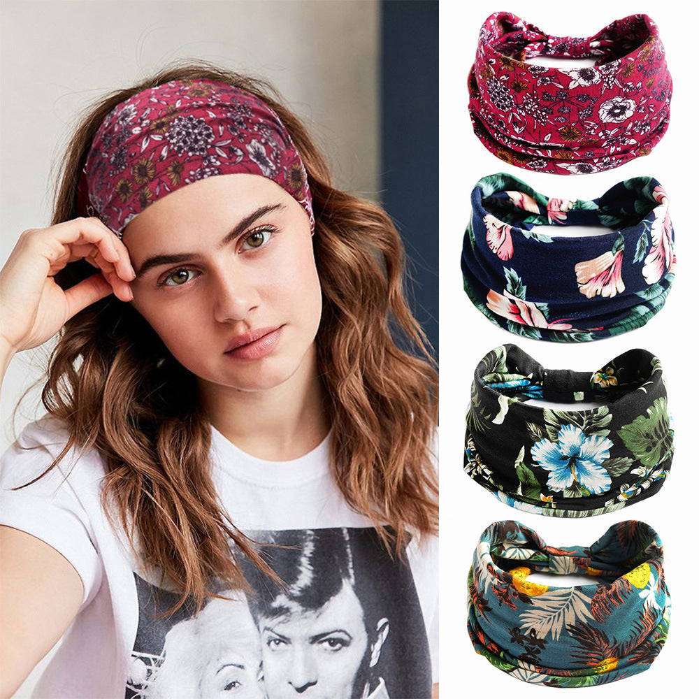 Bohemian Cashew Yoga Headband by cj, floral print; stretchy fabric; five color options shown.