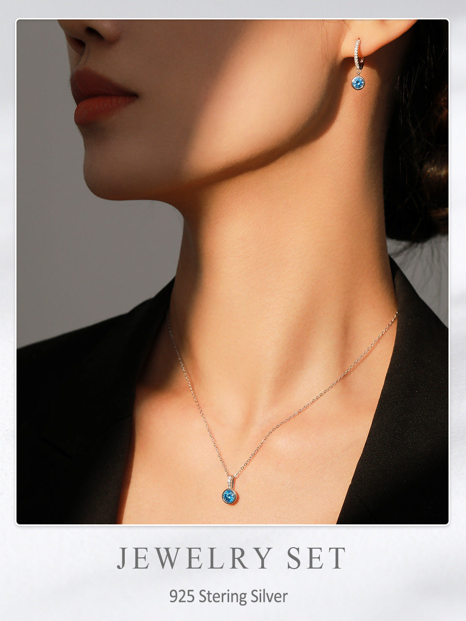 2-piece jewelry set: sea blue artificial diamond earrings and necklace in 925 sterling silver